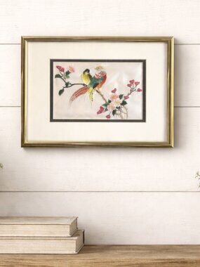 Vintage Chinese Silk Embroidery of Birds & Blossoms Framed Asian Needlework Art